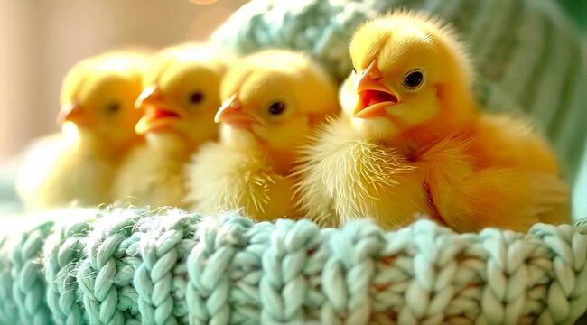 Four cute yellow Easter chicks singing in teal knitted hat