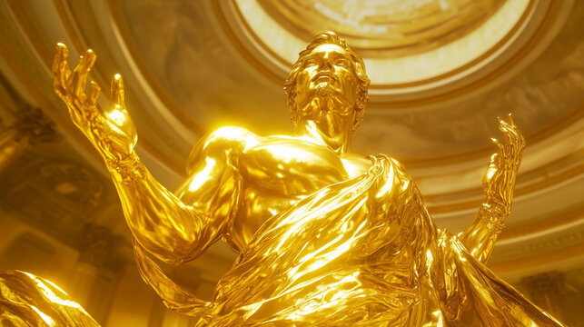 Majestic golden statue of a classical male figure with arms raised, symbolizing power and divinity
