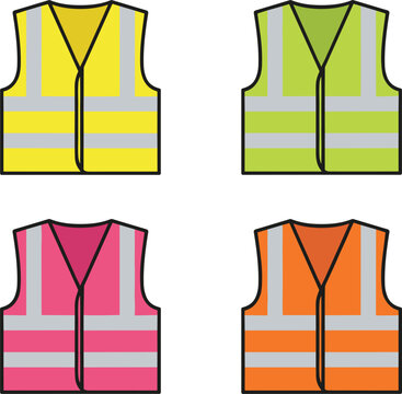 High visibility safety vest icons set with colorful reflective worker jackets for construction and industrial protection isolated vector illustration
