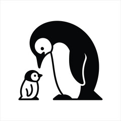 Black and white illustration of adult and baby penguin animal bird