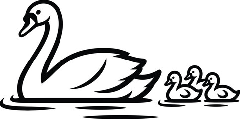 Black and white illustration of a swan with three ducklings swimming bird animal
