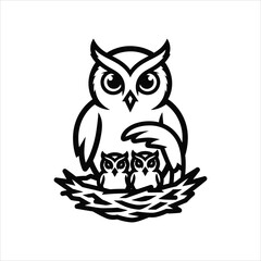 Black and white illustration of an owl family in a nest baby bird