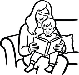 Woman reading book with child on sofa illustration vector