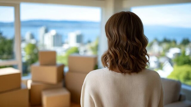 Wide-angle view of a woman decluttering a bright apartment, boxes labeled for sorting, clean lines emerging, airy space symbolizing organization and renewal