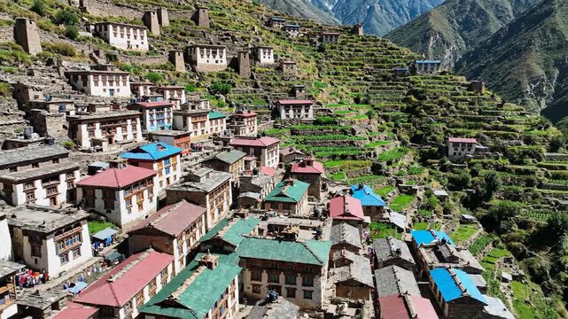 Mountain village architecture and terraced agriculture scenic landscape
