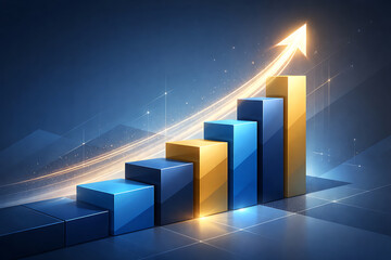 Corporate growth background, stacked geometric shapes forming an upward path, modern flat design mixed with 3D depth, blue and gold color palette,
