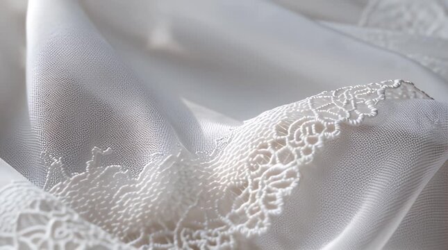 Delicate white lace trim on draped, textured fabric with subtle shadows