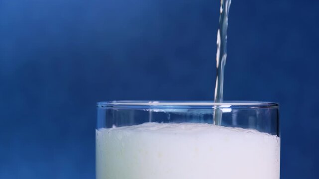 Pouring fresh cold beer into a transparent glass creating thick white foam head against dark blue background.