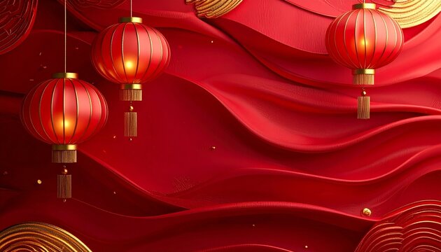 Red background with elegant fabric texture. Four classic red lanterns hang, warmly lit. Festive impression and full of cultural meaning, suitable for special celebrations.