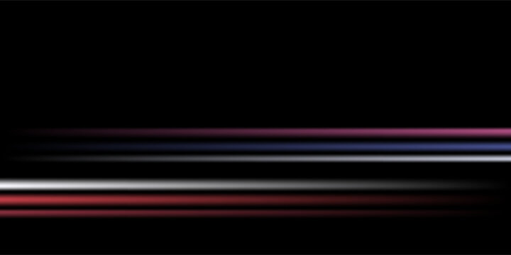 Blue and red high-speed background. Movement light trails effect on black abstract background. Wide technology banner with glowing blue and red light motion effect. Vector illustration