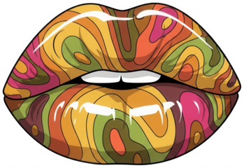 Psychedelic lips png Colorful mouth cutout Groovy lipstick png Retro smile cutout Vibrant grin png Abstract pout cutout Trippy teeth png Funky kiss cutout isolated transparent background image