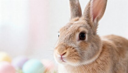 Close up of a light brown rabbit with pastel Easter eggs in the background. Spring holiday celebration. Domestic bunny portrait with soft bokeh background. Festive animal photography