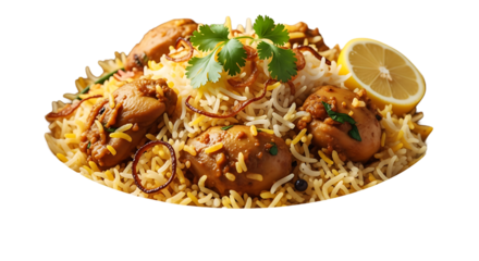 Delicious chicken biryani with herbs lemon and garnish isolated on transparent background