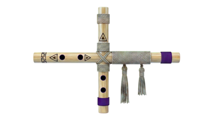 Native American Style Wooden Flute with Tassels and Geometric Designs