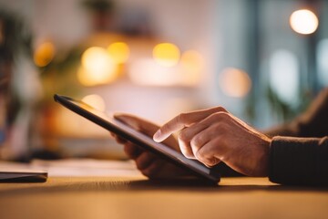 Hands using tablet digital device technology touch screen online browsing warm light modern workspace faceless spending review subscription check relaxed atmosphere