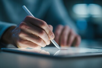 Close up of hand using digital pen on tablet modern workspace creative technology professional design innovation focus productivity digital art soft light