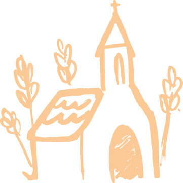 Sketch of a church. Silhouette of chapel tradition. Digital white drawing vector illustration for baptism, mass, priest, prayer, pray or a community of believers.