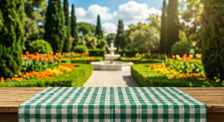 Empty wooden table with colorful checkered tablecloth in sunny garden with blurred bokeh background for food product display and picnic mockup