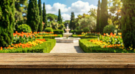 Empty wooden table with colorful checkered tablecloth in sunny garden with blurred bokeh background for food product display and picnic mockup