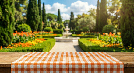 Empty wooden table with colorful checkered tablecloth in sunny garden with blurred bokeh background for food product display and picnic mockup