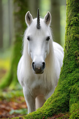 Naklejka premium A majestic white unicorn standing in a serene moss-covered forest setting