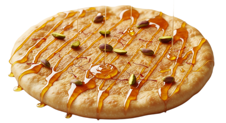 Delicious golden brown kunafa dessert with pistachios and syrup drizzle isolated on transparent background
