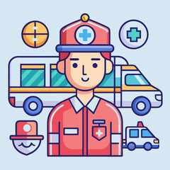 Fototapeta premium Paramedic with Ambulance and Medical Icons