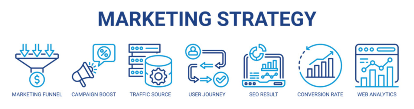 Marketing Strategy web banner icon vector illustration concept with icon of marketing funnel, campaign boost, traffic source, user journey, seo result, conversion rate, web analytics.