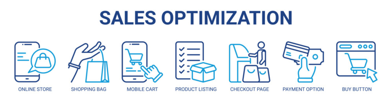 Sales Optimization web banner icon vector illustration concept with icon of online store, shopping bag, mobile cart, product listing, checkout page, payment option, buy button.
