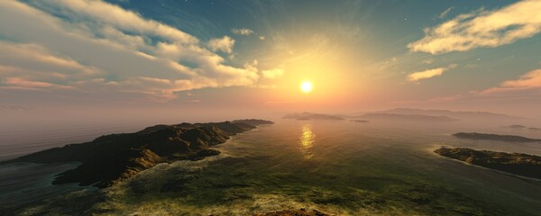 Beautiful seashore at sunset, rocks and water, sun and rocks, 3d rendering