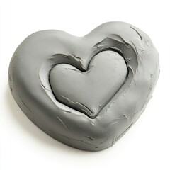 A piece of gray plasticine with a heart carved on it, against a white background