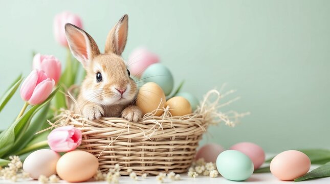 Small brown bunny in a wicker basket with pastel Easter eggs. Pink tulips and spring flowers on a mint green background. Festive holiday composition for greeting card or banner
