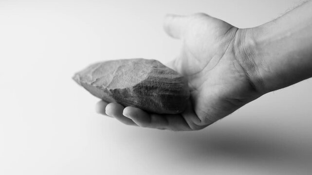 Prehistoric flint knife or cutter, biface, Neolithic. Hand manipulating the tool; its edges are visible. Perfectly preserved. 4K slow motion at 50fps. Black and white.