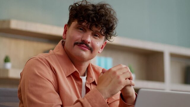 Pensive Caucasian business man think idea with laptop in office concentrated businessman thinking focused looking at camera hesitate creating plan with computer male guy employer worker planning work