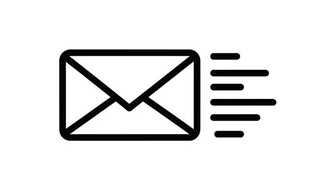 A simple outline icon representing a letter or envelope being sent with speed lines indicating fast delivery or a quick message transmission, perfect for communication services or digital mail