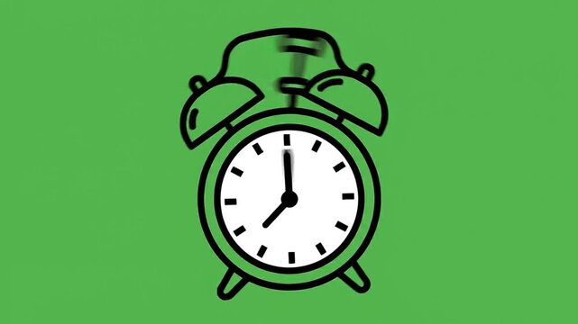 Alarm clock ringing animation with black lines and white background, moving pendulum, showing time passing