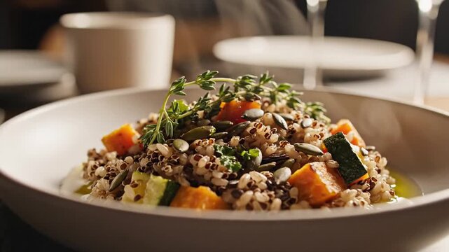 Healthy quinoa salad with roasted pumpkin, zucchini, pumpkin seeds and fresh thyme in a white bowl, nutritious vegan meal perfect for healthy eating