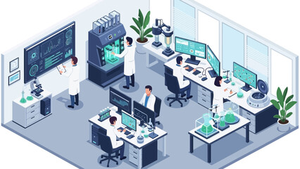 Obraz premium Isometric illustration of scientists working at desks in a modern laboratory with computers and equipment.