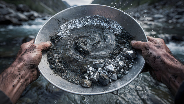 Cinematic POV and close-up views of silver mining by panning, capturing hands, flowing water, and raw silver ore with realistic lighting and depth. AI Generated.