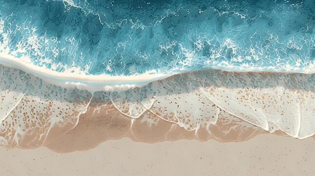Aerial view of ocean waves washing onto a sandy beach; light reflecting on the water creating white patterns
