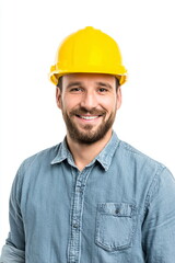 construction worker wearing safety helmet isolated white background studio portrait