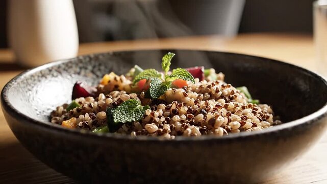 Steaming bowl of cooked quinoa salad with mixed vegetables and fresh mint garnish in a rustic ceramic bowl, healthy nutritious meal