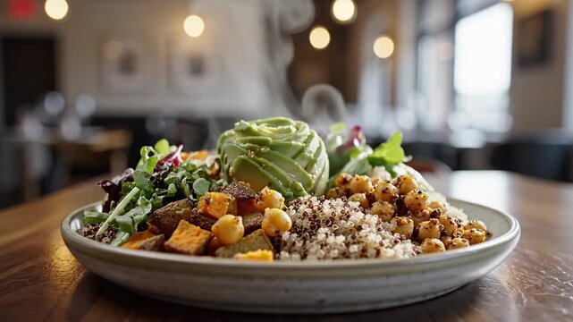 Steaming healthy quinoa bowl with roasted chickpeas, sweet potatoes, avocado rose, and fresh greens on ceramic plate in rustic restaurant setting