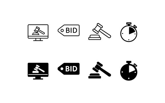 Auction icons: gavel, bid tag, and stopwatch for online bidding and time limits