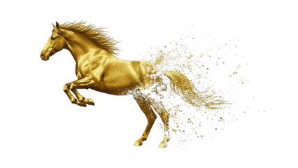 A golden horse dissolves into particles, symbolizing transformation and movement.