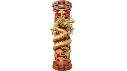 A golden dragon coils around a red cylindrical pillar adorned with intricate patterns.