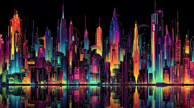 Vivid skyline of a city is reflected against a black background using vibrant colors and geometric, angular forms