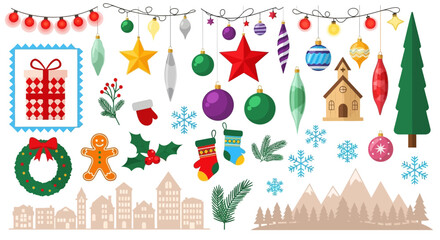 Festive Christmas decorations and elements for holiday celebrations, including ornaments, gifts, and winter scenery © John