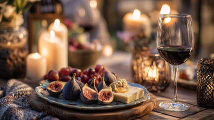 Cozy evening table setting with wine and fruits