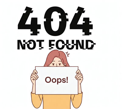 404 not found error page concept illustration with woman holding oops sign and glitch effect